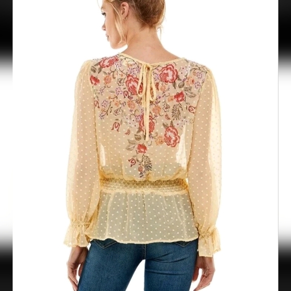Meraki Blouse Size M Floral Print Sheer Smock Waist Puff Sleeve Yellow Boho - Picture 11 of 11